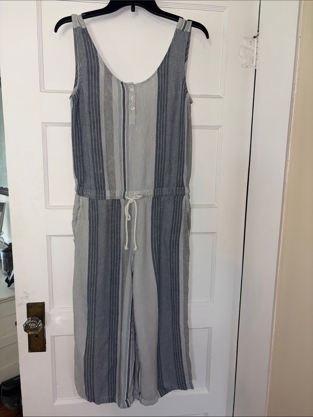 Striped Sleeveless Drawstring Jumpsuit - Blue & White
